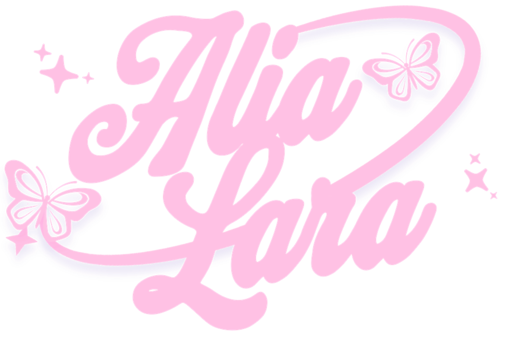 Pink script text reading 'Alia Lara' with butterfly and sparkle graphics on a white background.